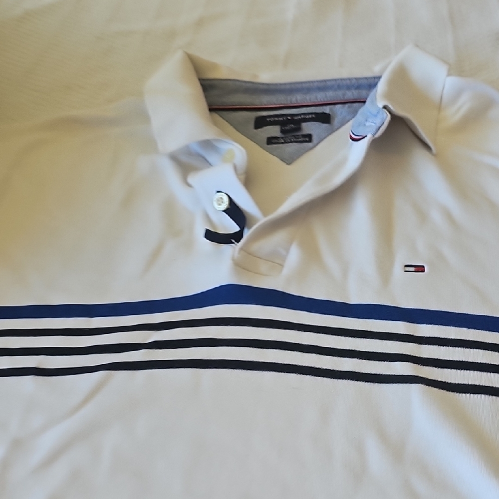 Tommy Hilfiger Blue and White Striped Polo Shirt